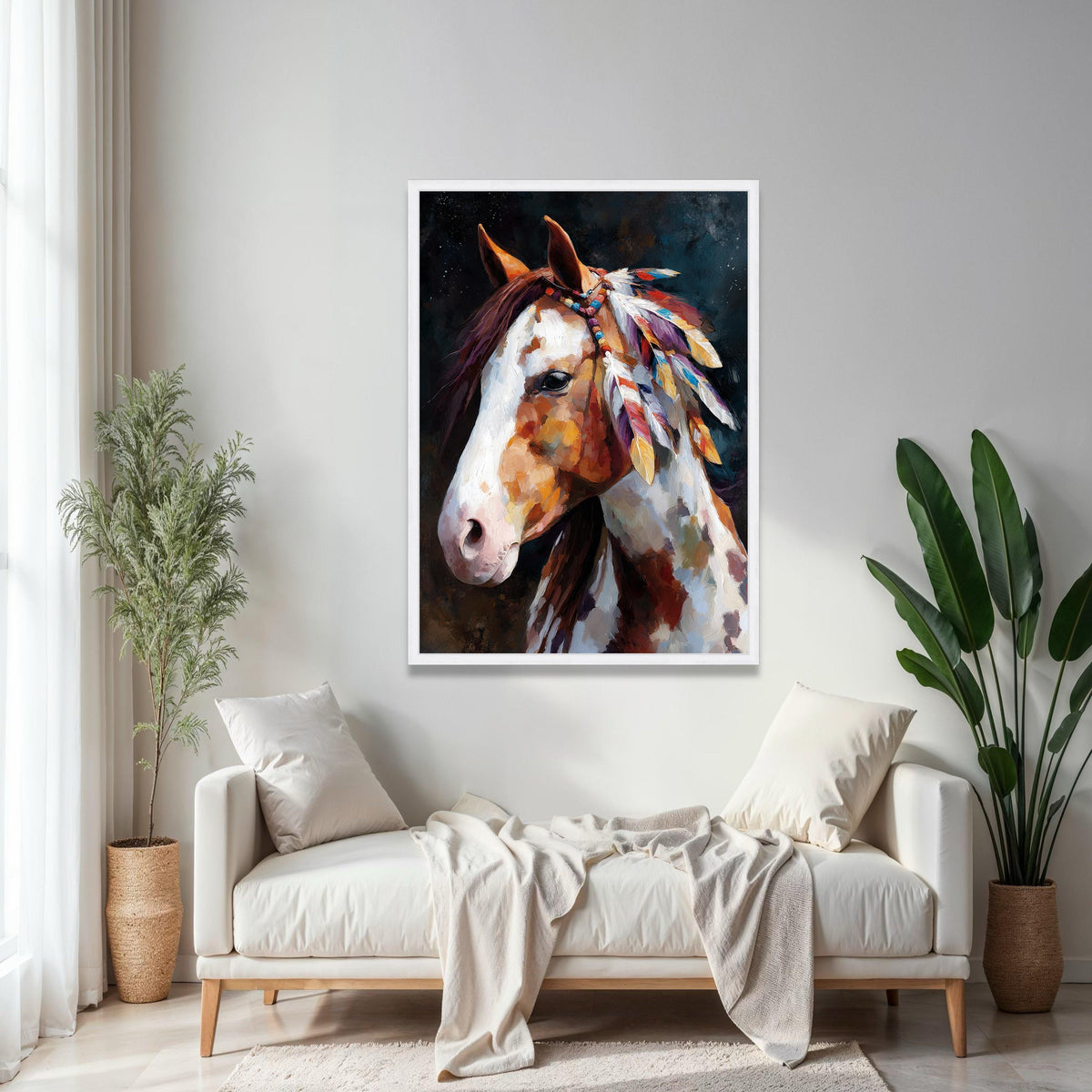 Majestic Painted Horse Canvas, Boho Feather Decor, Western Wall Art, Rustic Animal Portrait Canvas, Native Style Gift Art, Home Decor, Print