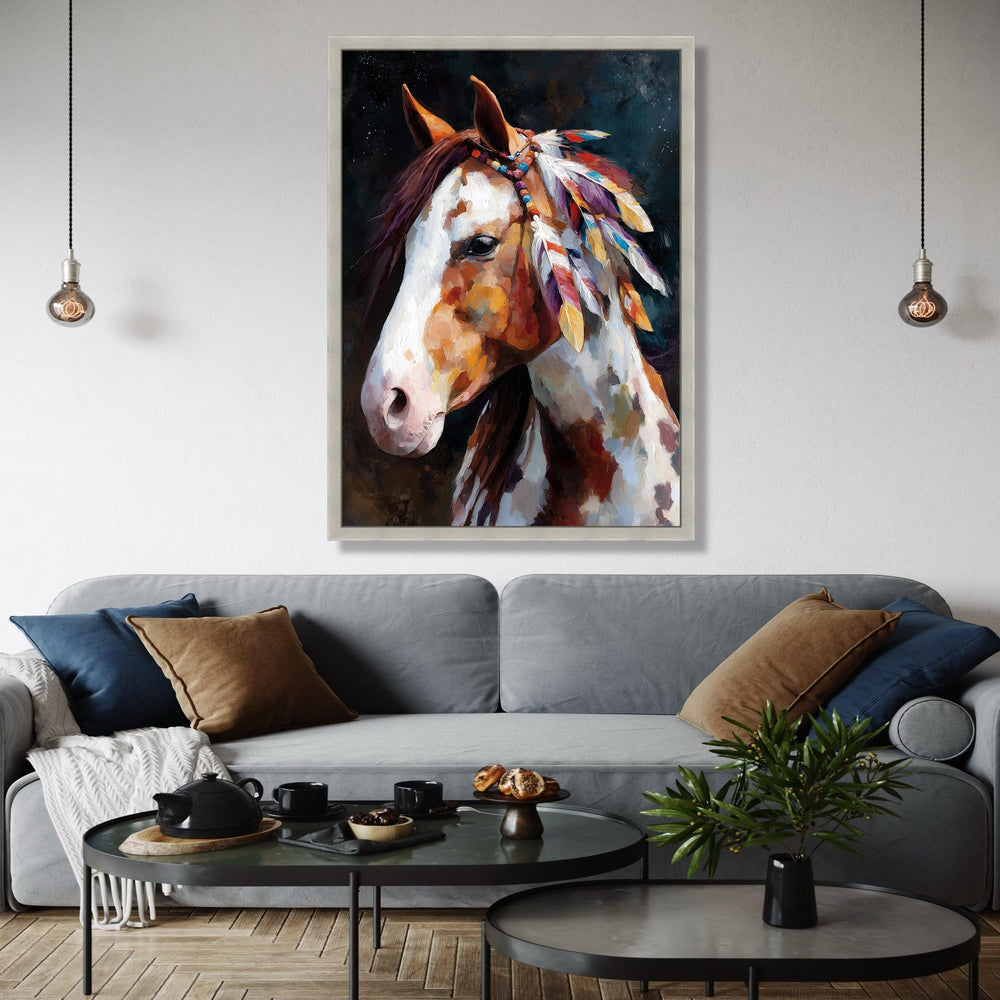 Majestic Painted Horse Canvas, Boho Feather Decor, Western Wall Art, Rustic Animal Portrait Canvas, Native Style Gift Art, Home Decor, Print