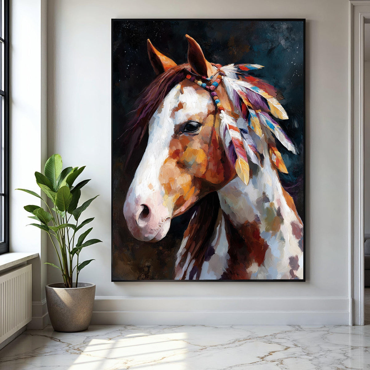Majestic Painted Horse Canvas, Boho Feather Decor, Western Wall Art, Rustic Animal Portrait Canvas, Native Style Gift Art, Home Decor, Print