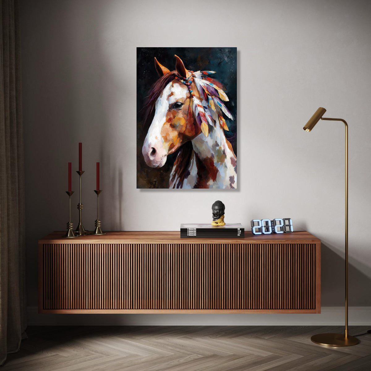 Majestic Painted Horse Canvas, Boho Feather Decor, Western Wall Art, Rustic Animal Portrait Canvas, Native Style Gift Art, Home Decor, Print