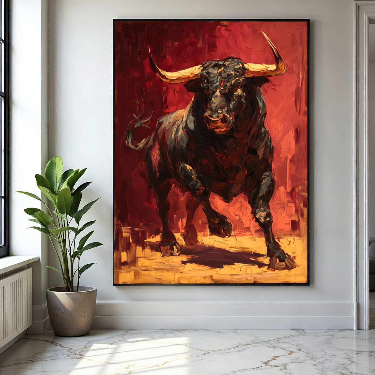 Charging Bull Canvas Wall Art, Abstract Animal Painting, Bold Red and Black Artwork, Rustic Home Decor, Modern Gift Art, Home Decor, Print