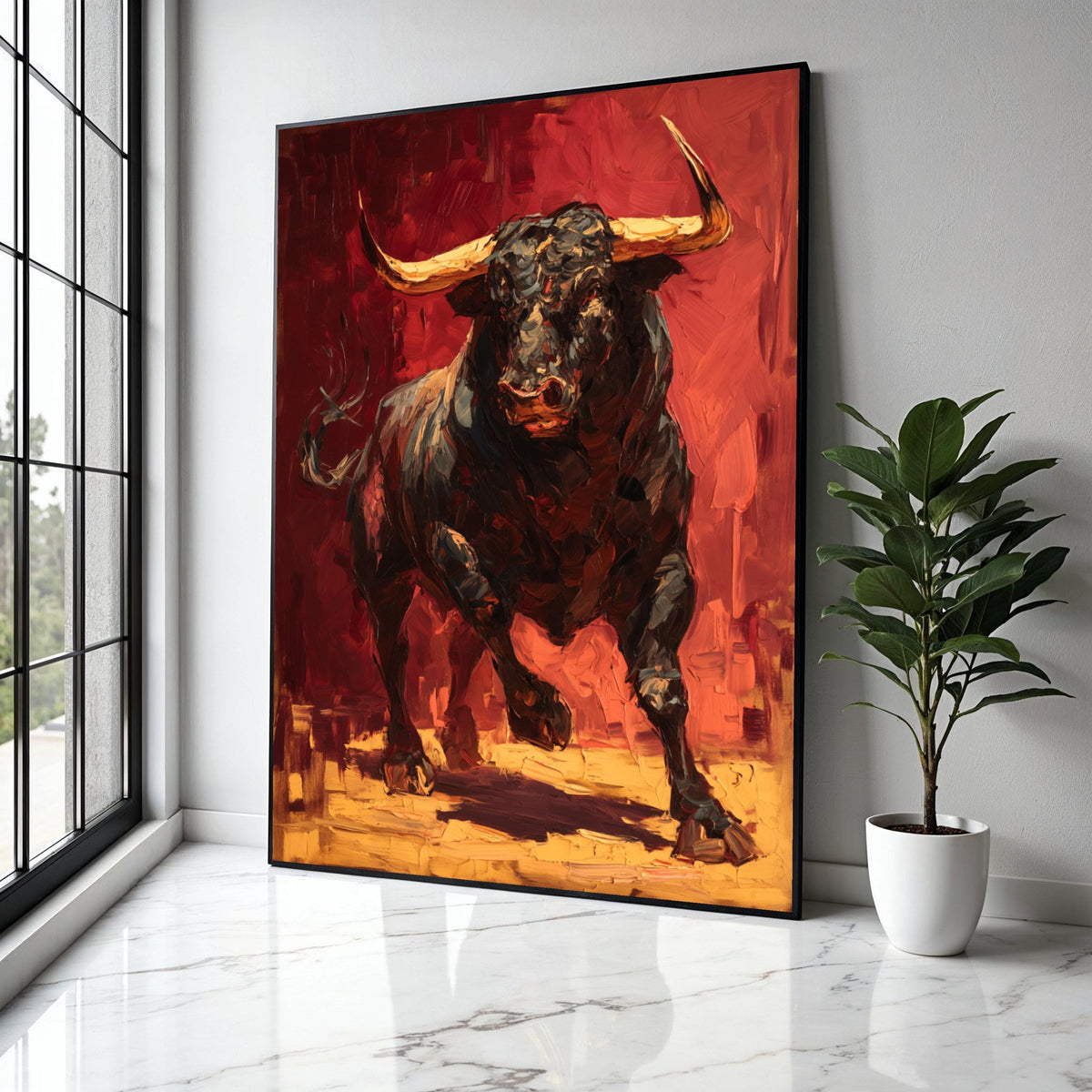 Charging Bull Canvas Wall Art, Abstract Animal Painting, Bold Red and Black Artwork, Rustic Home Decor, Modern Gift Art, Home Decor, Print