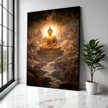 Golden Buddha Statue Canvas, Meditative Spiritual Wall Art, Asian Mythical Landscape, Zen Home Decor, Tranquil Gift Art, Home Decor, Print