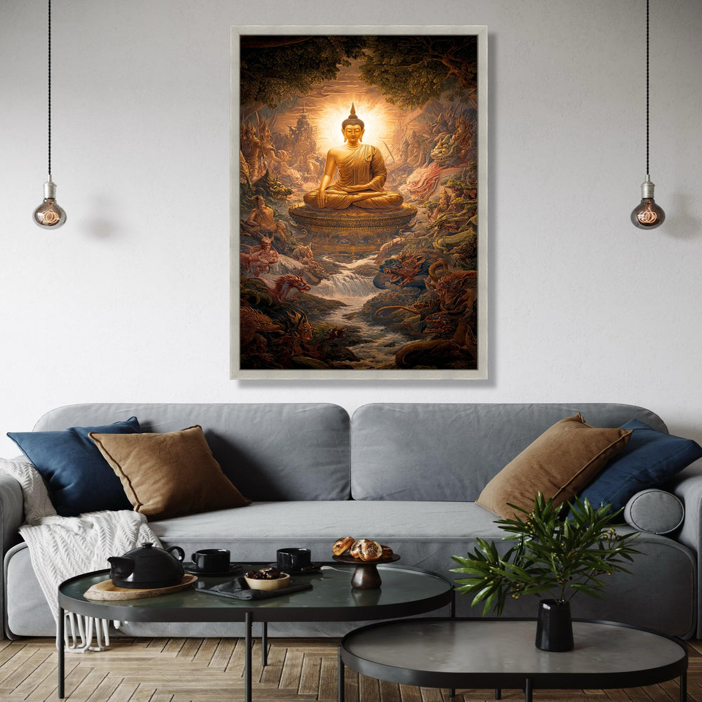 Golden Buddha Statue Canvas, Meditative Spiritual Wall Art, Asian Mythical Landscape, Zen Home Decor, Tranquil Gift Art, Home Decor, Print