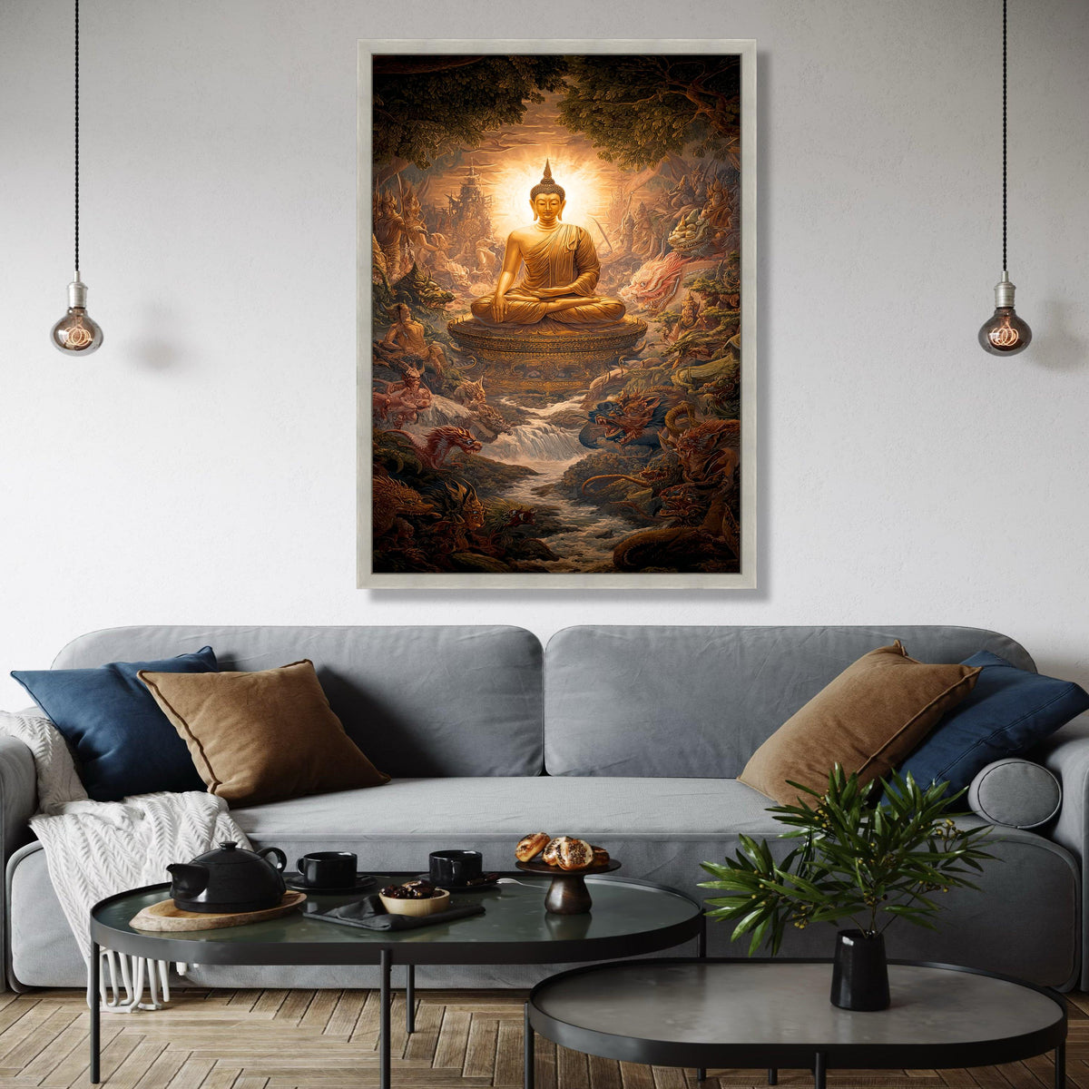 Golden Buddha Statue Canvas, Meditative Spiritual Wall Art, Asian Mythical Landscape, Zen Home Decor, Tranquil Gift Art, Home Decor, Print