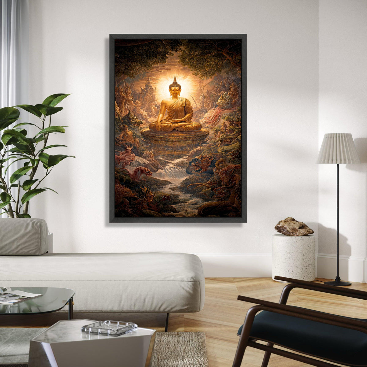 Golden Buddha Statue Canvas, Meditative Spiritual Wall Art, Asian Mythical Landscape, Zen Home Decor, Tranquil Gift Art, Home Decor, Print