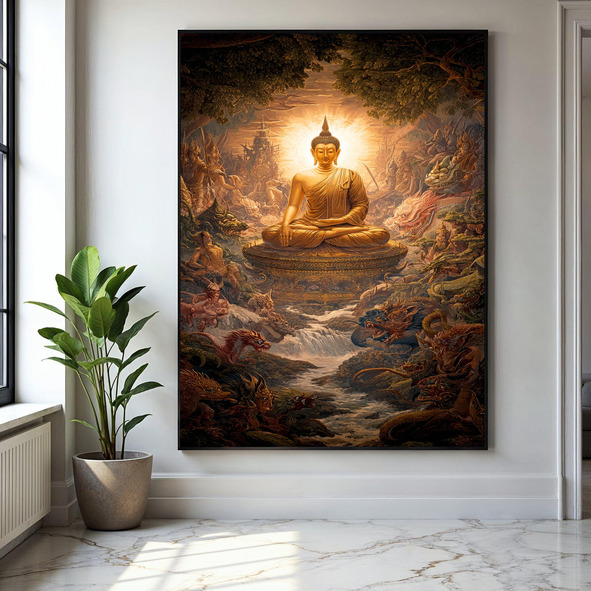 Golden Buddha Statue Canvas, Meditative Spiritual Wall Art, Asian Mythical Landscape, Zen Home Decor, Tranquil Gift Art, Home Decor, Print