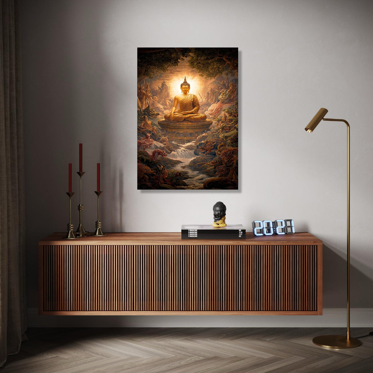 Golden Buddha Statue Canvas, Meditative Spiritual Wall Art, Asian Mythical Landscape, Zen Home Decor, Tranquil Gift Art, Home Decor, Print