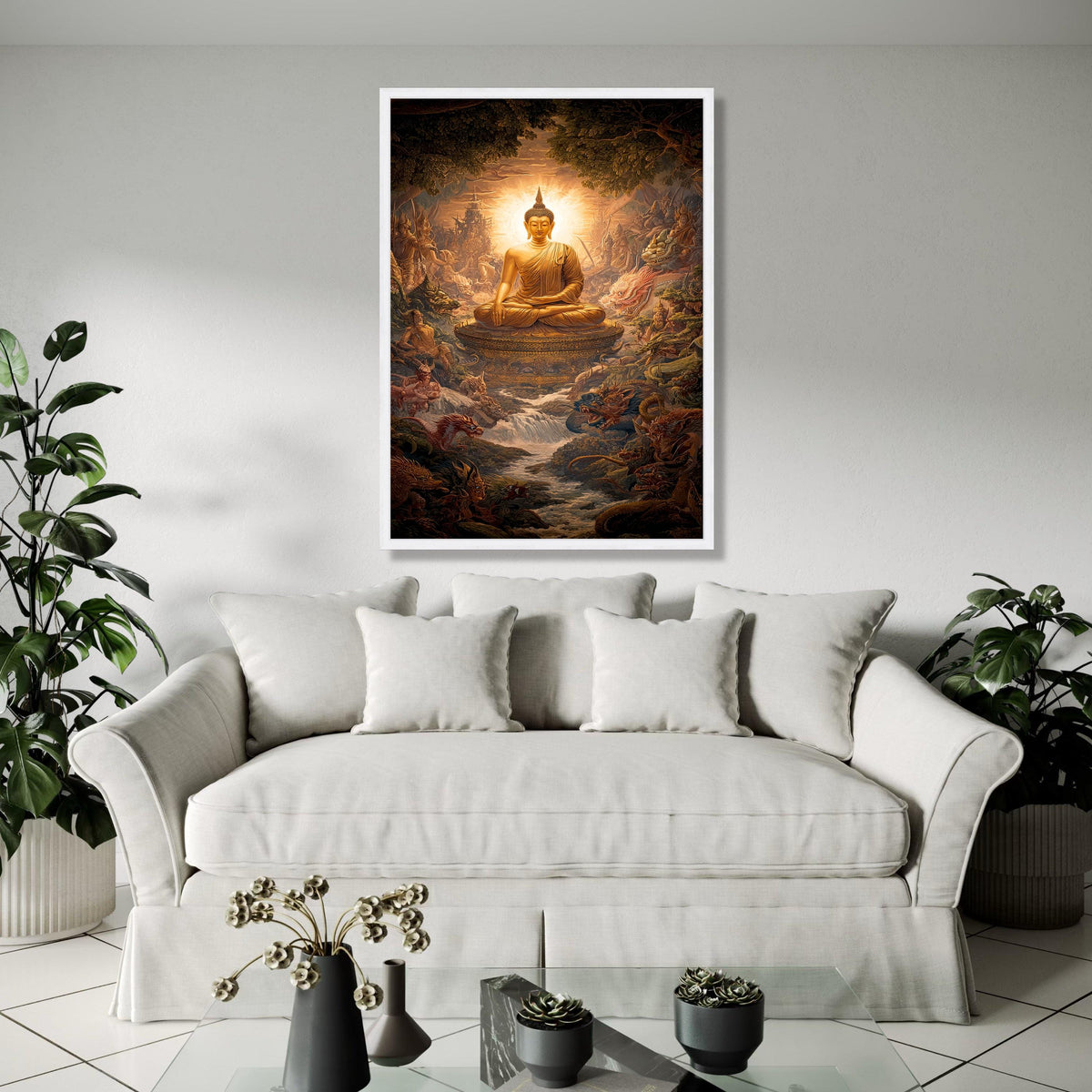 Golden Buddha Statue Canvas, Meditative Spiritual Wall Art, Asian Mythical Landscape, Zen Home Decor, Tranquil Gift Art, Home Decor, Print