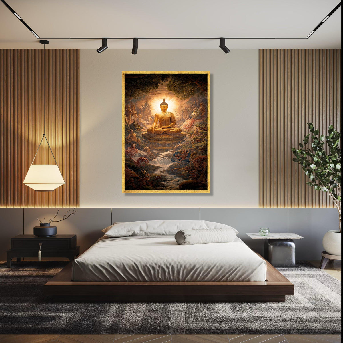 Golden Buddha Statue Canvas, Meditative Spiritual Wall Art, Asian Mythical Landscape, Zen Home Decor, Tranquil Gift Art, Home Decor, Print