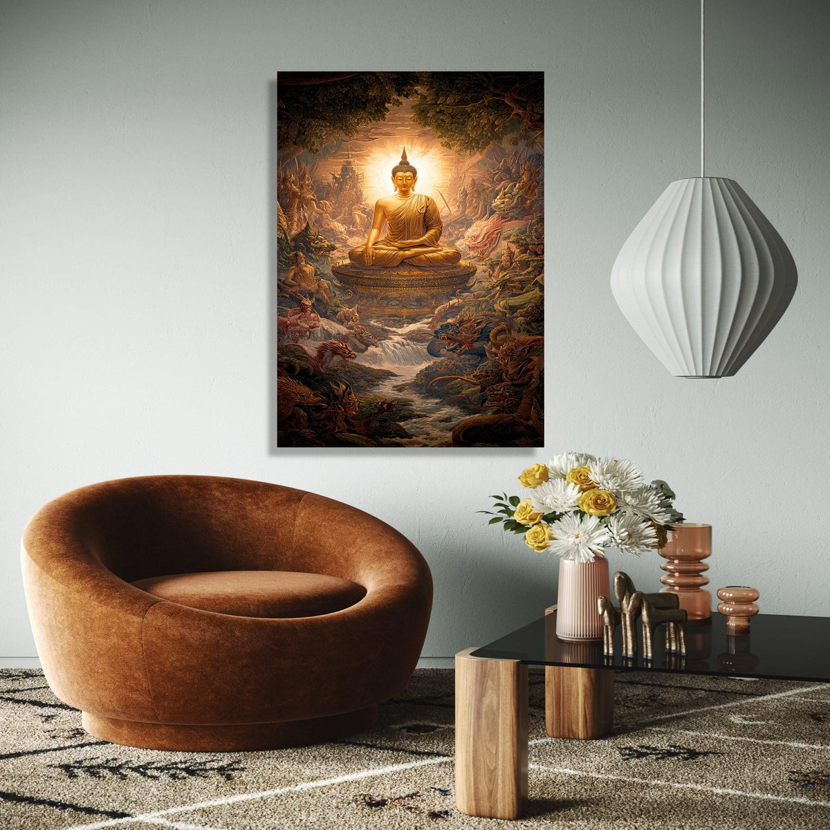 Golden Buddha Statue Canvas, Meditative Spiritual Wall Art, Asian Mythical Landscape, Zen Home Decor, Tranquil Gift Art, Home Decor, Print