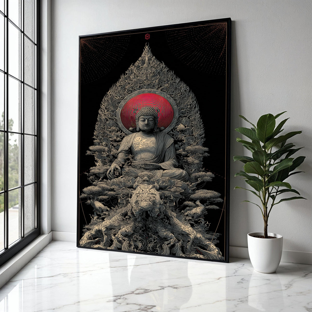 Spiritual Buddha Sculpture Canvas, Zen Meditation Wall Art, Asian Inspired Home Decor, Red Halo Buddha Print, Gift Art, Home Decor, Print