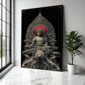 Spiritual Buddha Sculpture Canvas, Zen Meditation Wall Art, Asian Inspired Home Decor, Red Halo Buddha Print, Gift Art, Home Decor, Print