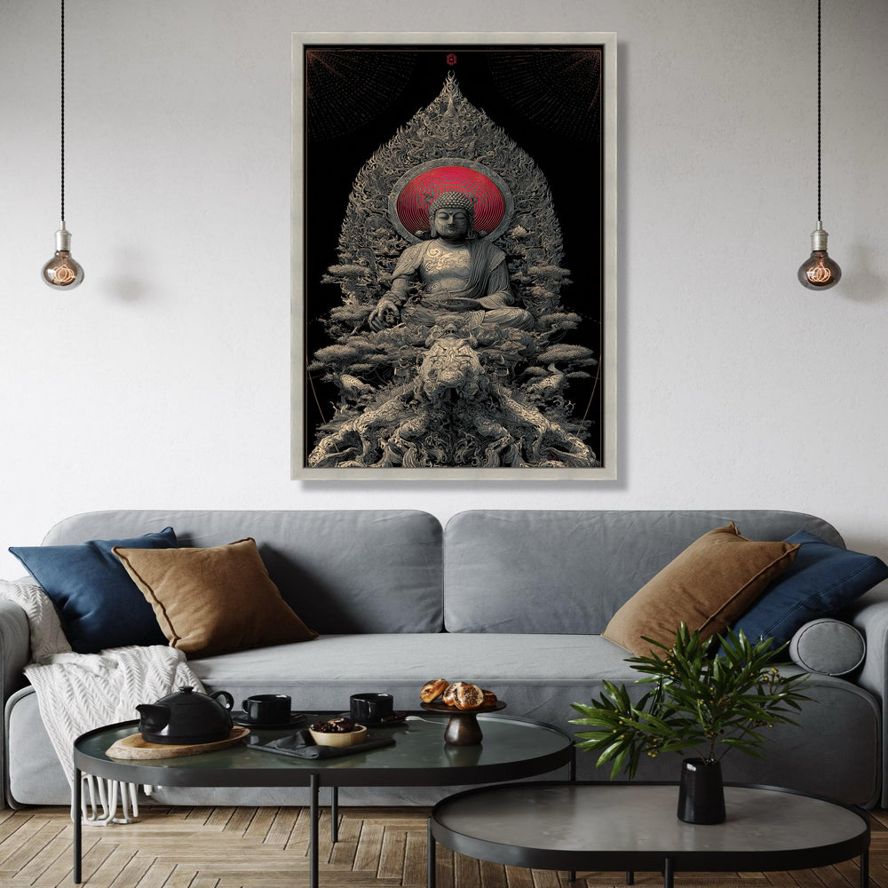 Spiritual Buddha Sculpture Canvas, Zen Meditation Wall Art, Asian Inspired Home Decor, Red Halo Buddha Print, Gift Art, Home Decor, Print