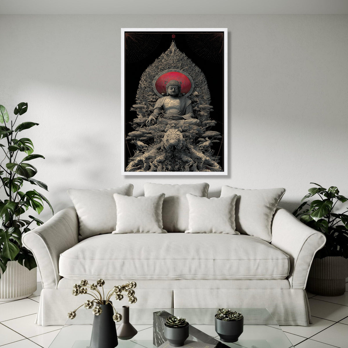 Spiritual Buddha Sculpture Canvas, Zen Meditation Wall Art, Asian Inspired Home Decor, Red Halo Buddha Print, Gift Art, Home Decor, Print