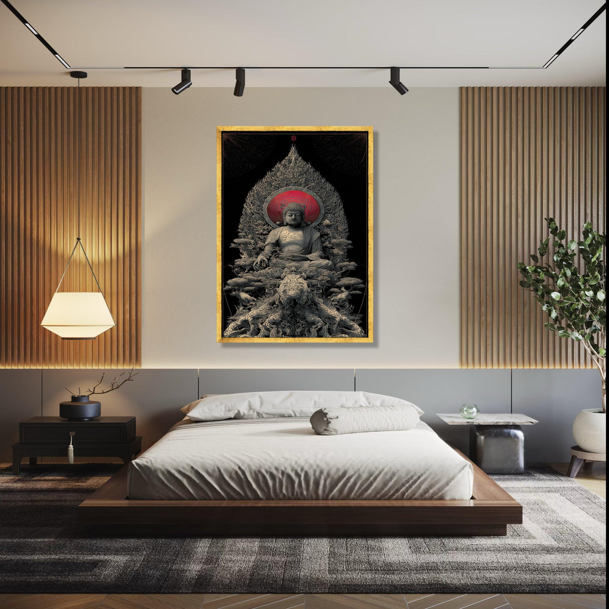 Spiritual Buddha Sculpture Canvas, Zen Meditation Wall Art, Asian Inspired Home Decor, Red Halo Buddha Print, Gift Art, Home Decor, Print