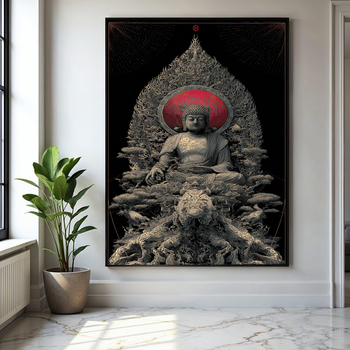 Spiritual Buddha Sculpture Canvas, Zen Meditation Wall Art, Asian Inspired Home Decor, Red Halo Buddha Print, Gift Art, Home Decor, Print
