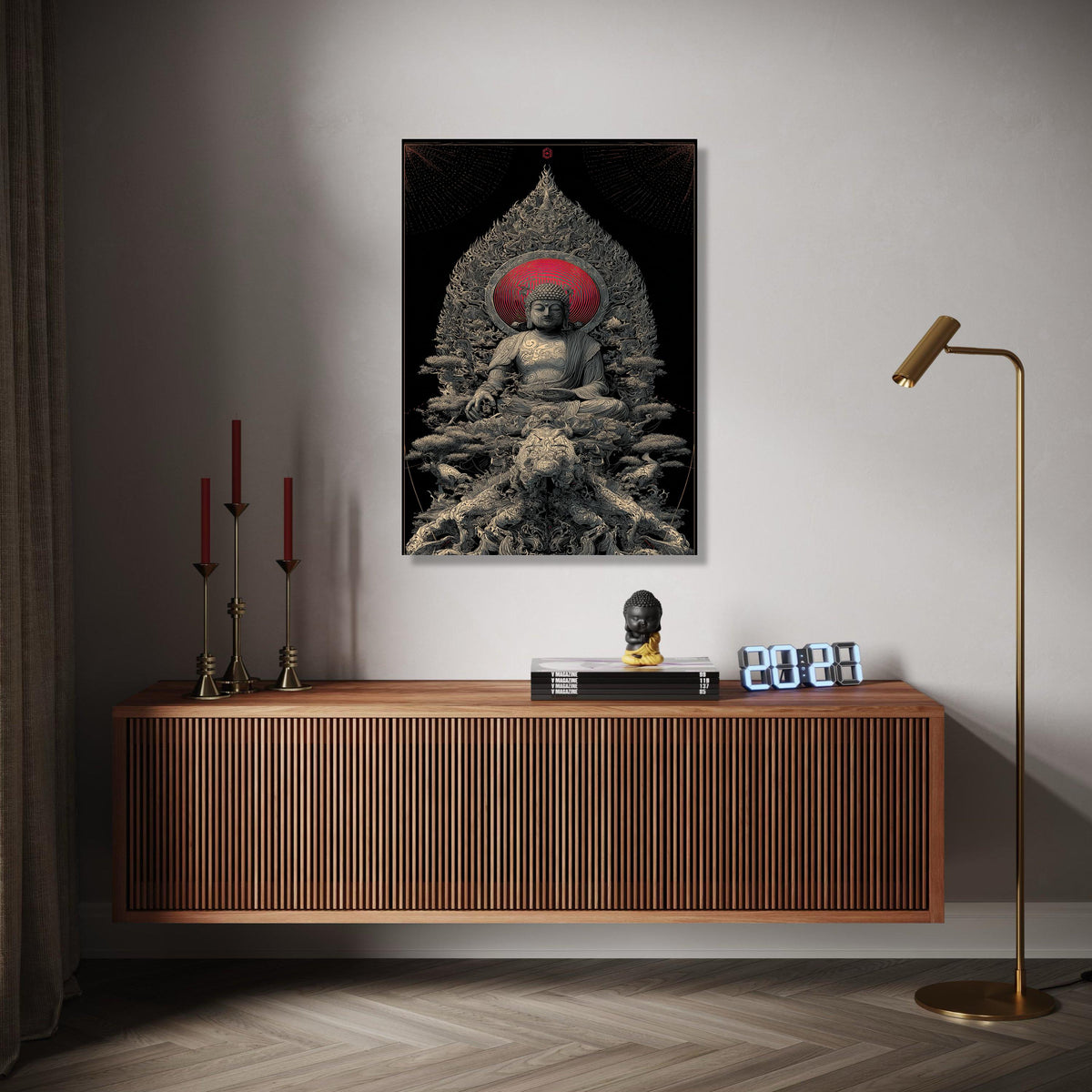 Spiritual Buddha Sculpture Canvas, Zen Meditation Wall Art, Asian Inspired Home Decor, Red Halo Buddha Print, Gift Art, Home Decor, Print