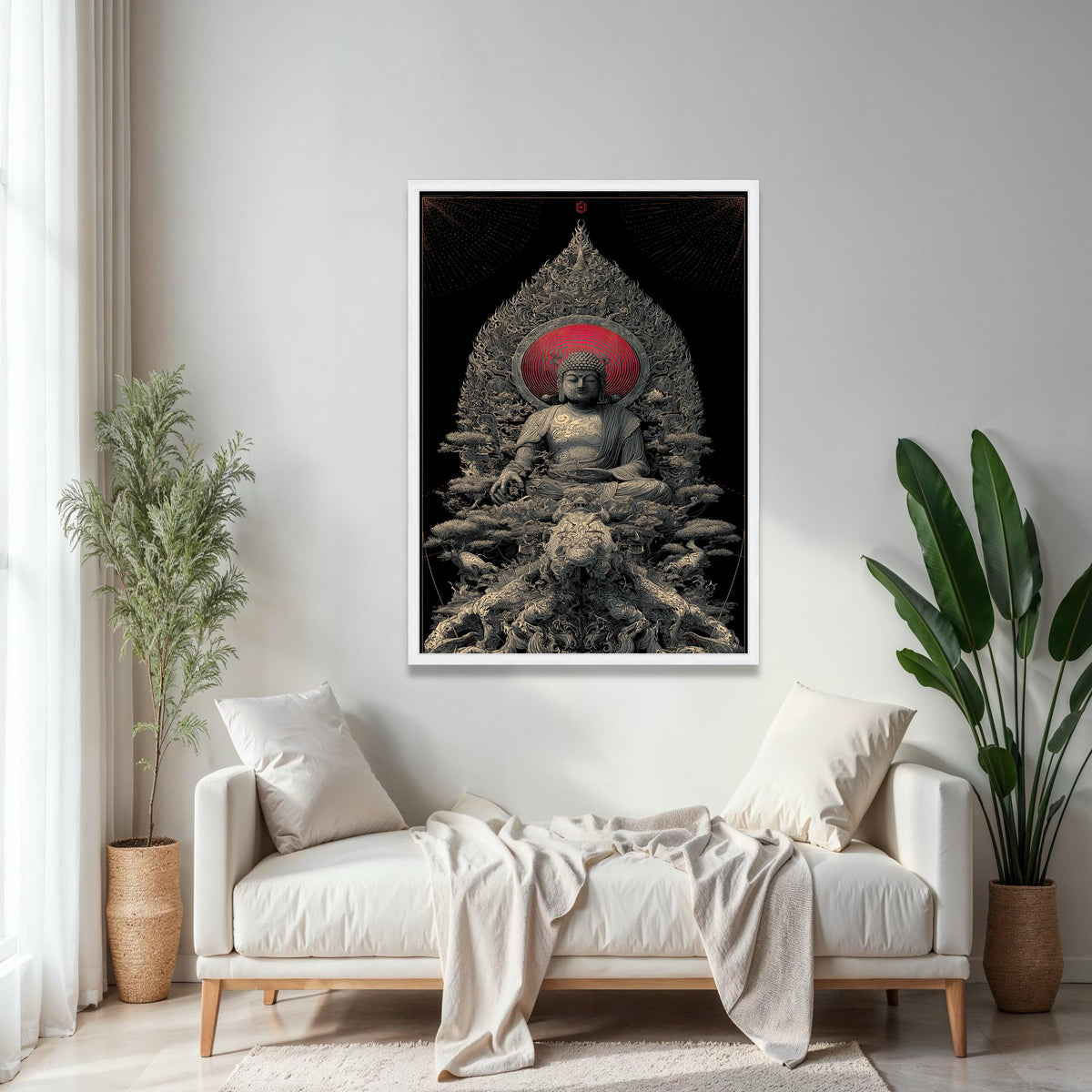 Spiritual Buddha Sculpture Canvas, Zen Meditation Wall Art, Asian Inspired Home Decor, Red Halo Buddha Print, Gift Art, Home Decor, Print