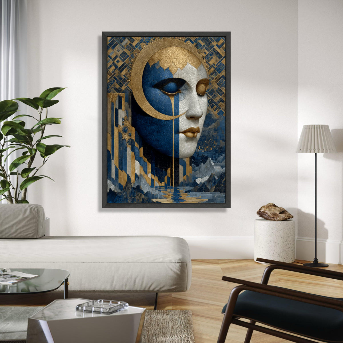 Elegant Mosaic Woman Face Canvas, Blue Gold Abstract Wall Art, Modern Artistic Portrait, Contemporary Home Gift Art, Home Decor, Print