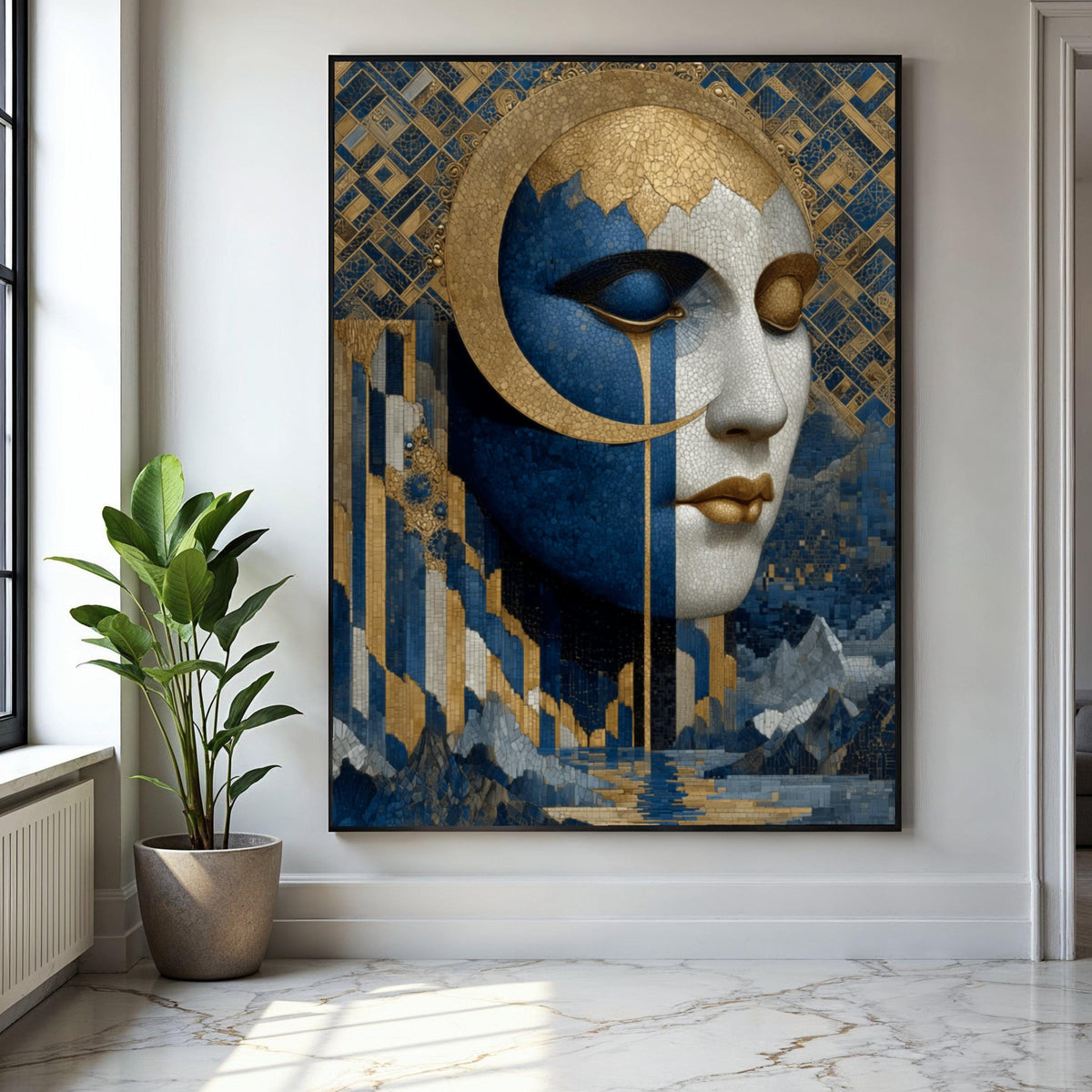 Elegant Mosaic Woman Face Canvas, Blue Gold Abstract Wall Art, Modern Artistic Portrait, Contemporary Home Gift Art, Home Decor, Print