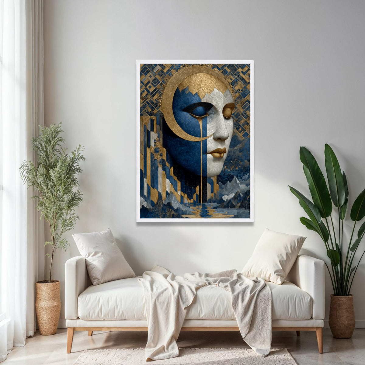 Elegant Mosaic Woman Face Canvas, Blue Gold Abstract Wall Art, Modern Artistic Portrait, Contemporary Home Gift Art, Home Decor, Print