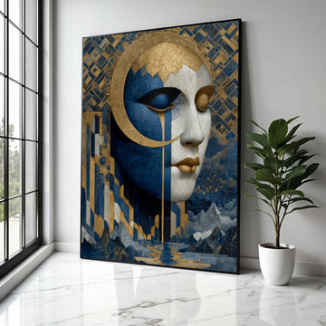 Elegant Mosaic Woman Face Canvas, Blue Gold Abstract Wall Art, Modern Artistic Portrait, Contemporary Home Gift Art, Home Decor, Print