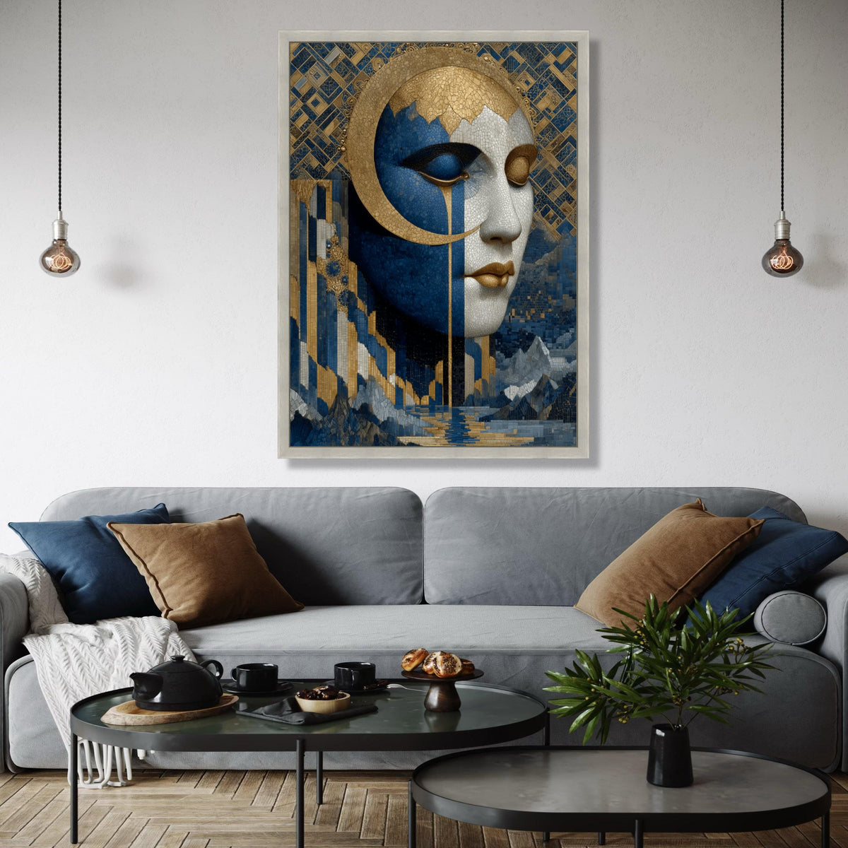 Elegant Mosaic Woman Face Canvas, Blue Gold Abstract Wall Art, Modern Artistic Portrait, Contemporary Home Gift Art, Home Decor, Print