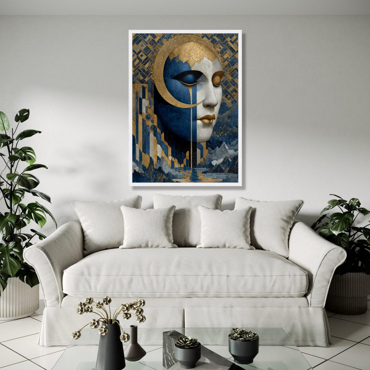 Elegant Mosaic Woman Face Canvas, Blue Gold Abstract Wall Art, Modern Artistic Portrait, Contemporary Home Gift Art, Home Decor, Print