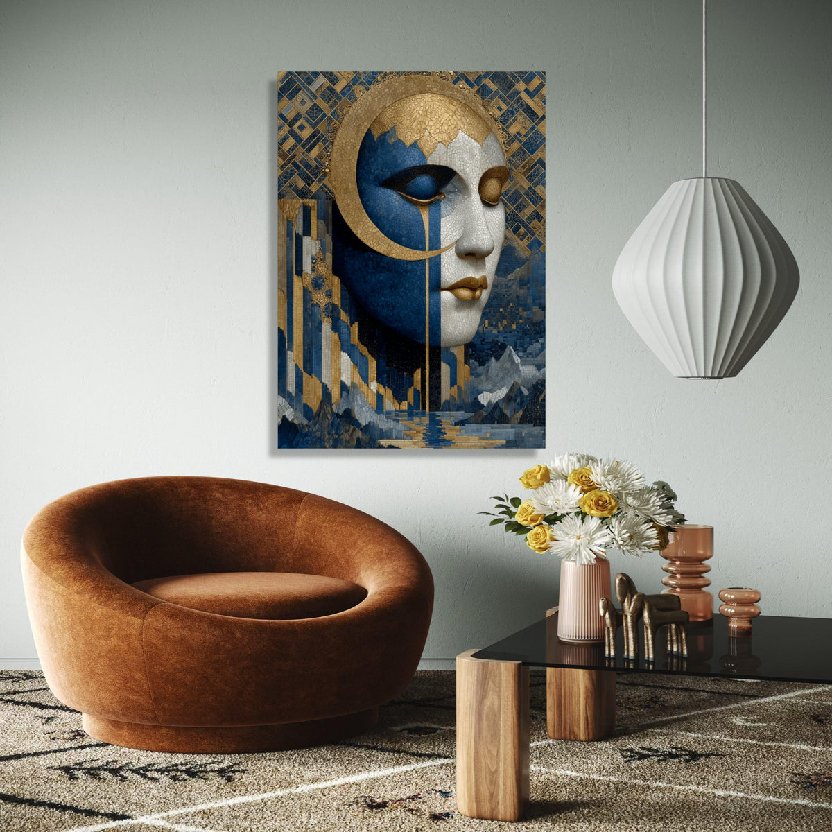 Elegant Mosaic Woman Face Canvas, Blue Gold Abstract Wall Art, Modern Artistic Portrait, Contemporary Home Gift Art, Home Decor, Print