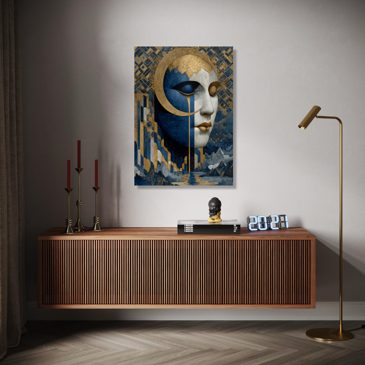 Elegant Mosaic Woman Face Canvas, Blue Gold Abstract Wall Art, Modern Artistic Portrait, Contemporary Home Gift Art, Home Decor, Print