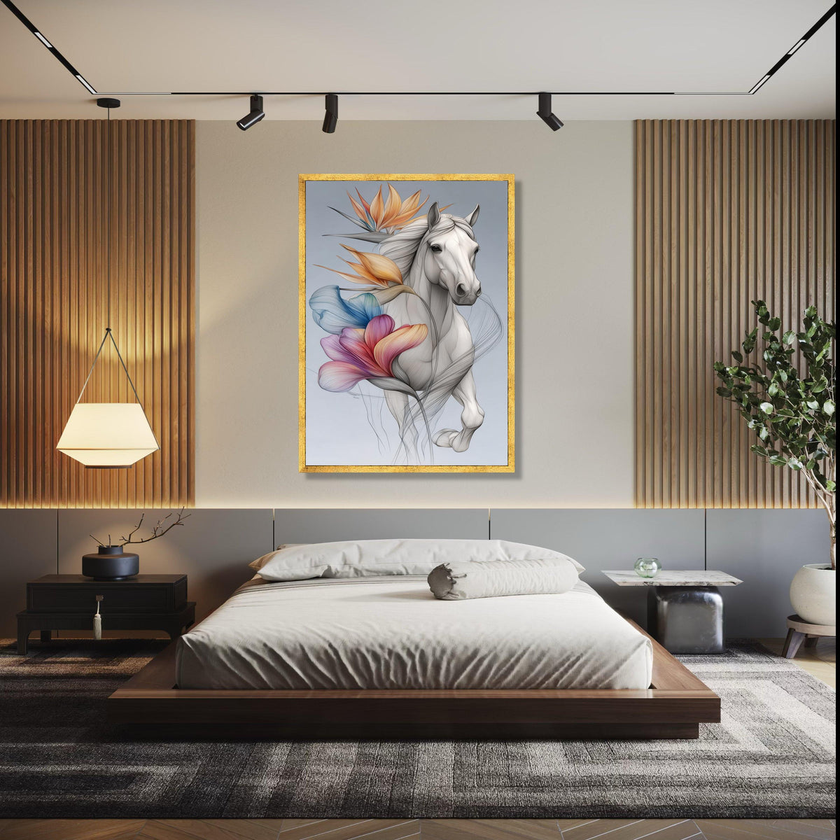 Elegant White Horse Canvas Wall Art, Floral Abstract Design, Modern Animal Art Print, Nature and Wildlife Gift Art, Home Decor, Print