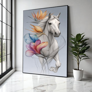 Elegant White Horse Canvas Wall Art, Floral Abstract Design, Modern Animal Art Print, Nature and Wildlife Gift Art, Home Decor, Print