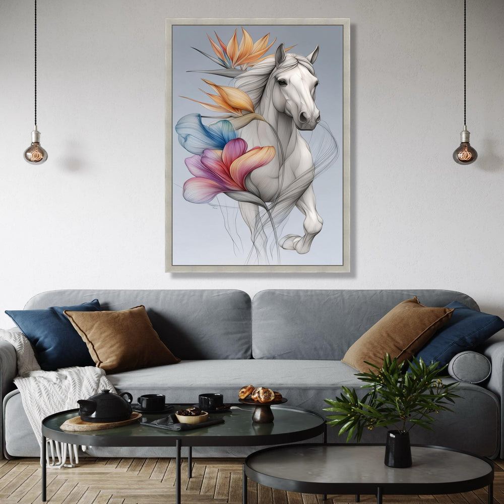 Elegant White Horse Canvas Wall Art, Floral Abstract Design, Modern Animal Art Print, Nature and Wildlife Gift Art, Home Decor, Print