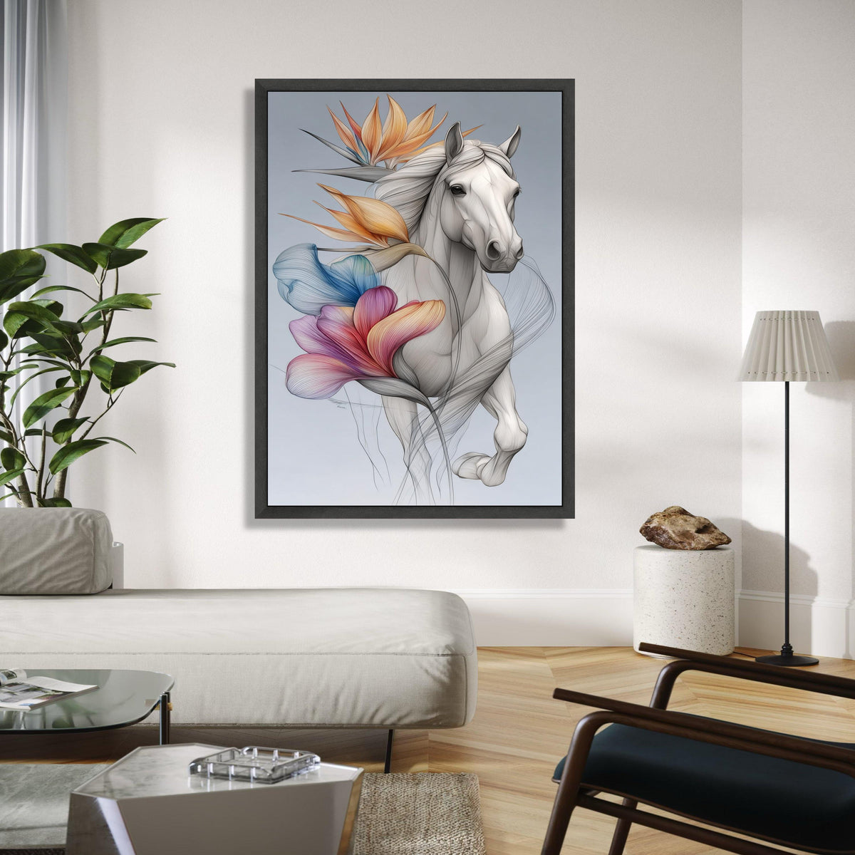 Elegant White Horse Canvas Wall Art, Floral Abstract Design, Modern Animal Art Print, Nature and Wildlife Gift Art, Home Decor, Print