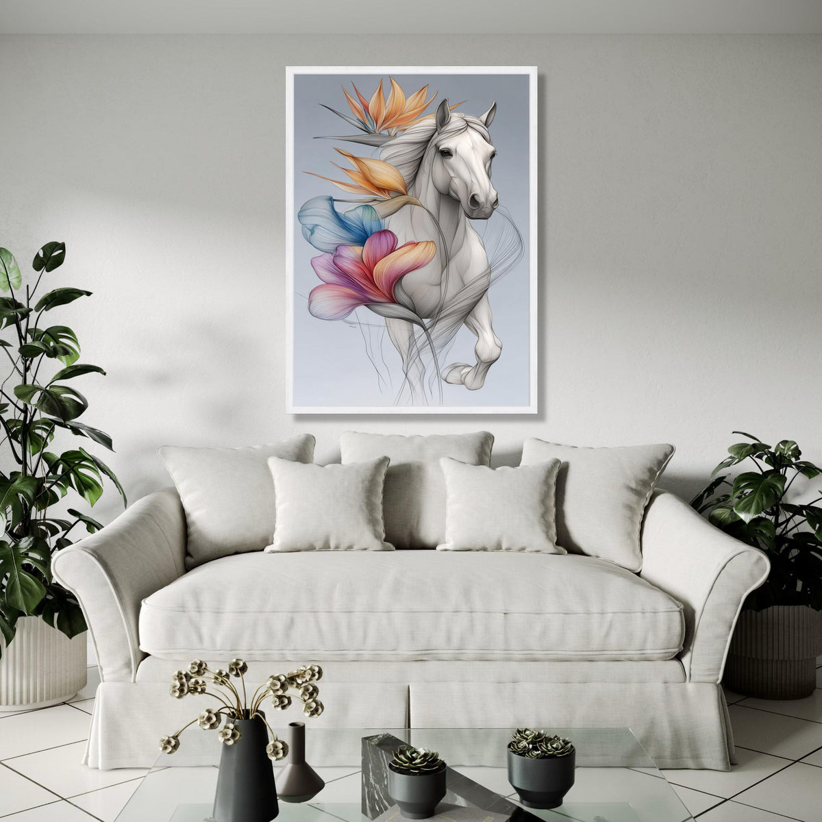 Elegant White Horse Canvas Wall Art, Floral Abstract Design, Modern Animal Art Print, Nature and Wildlife Gift Art, Home Decor, Print