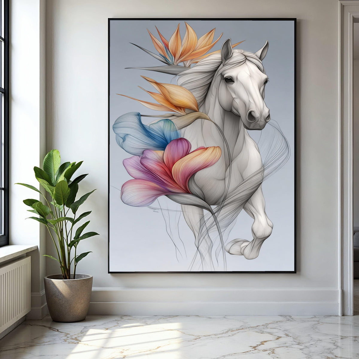 Elegant White Horse Canvas Wall Art, Floral Abstract Design, Modern Animal Art Print, Nature and Wildlife Gift Art, Home Decor, Print