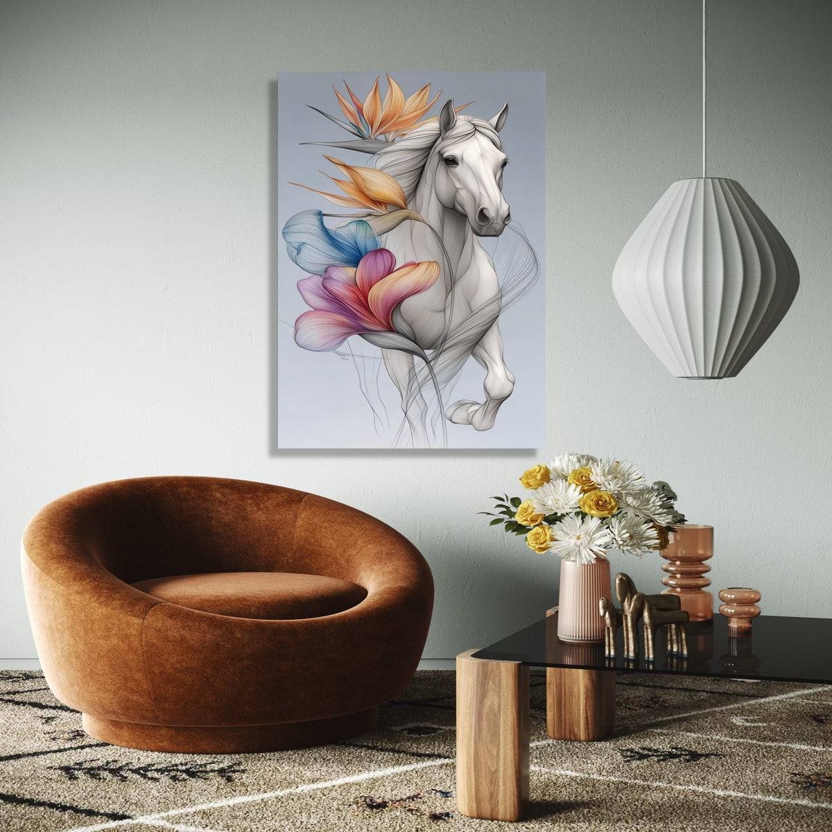 Elegant White Horse Canvas Wall Art, Floral Abstract Design, Modern Animal Art Print, Nature and Wildlife Gift Art, Home Decor, Print