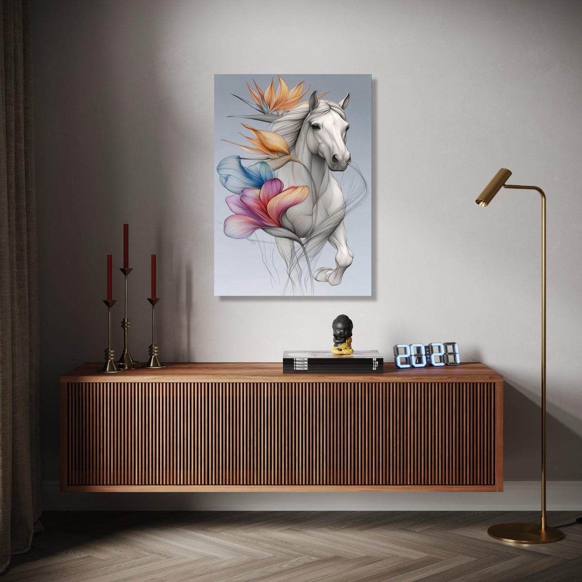 Elegant White Horse Canvas Wall Art, Floral Abstract Design, Modern Animal Art Print, Nature and Wildlife Gift Art, Home Decor, Print