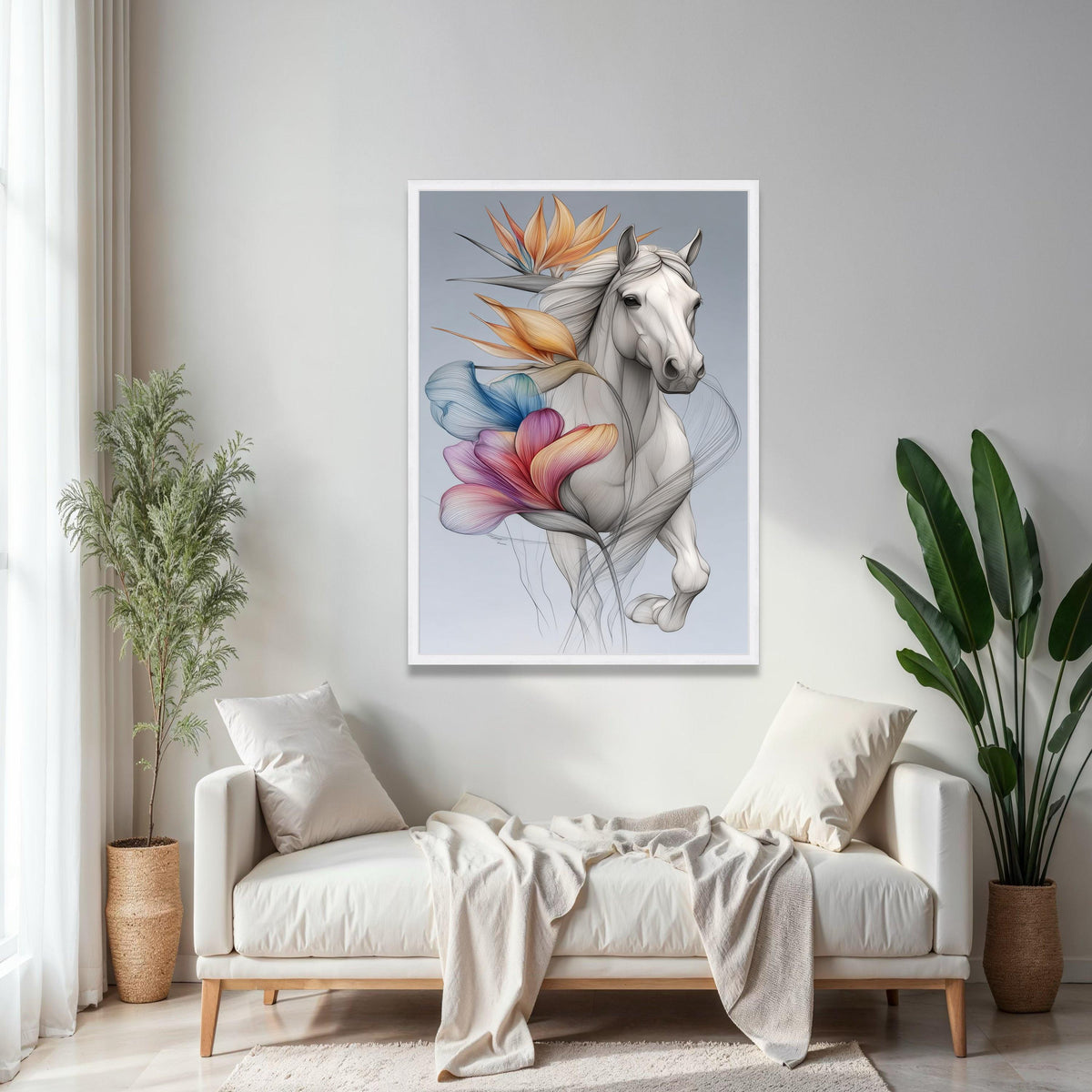 Elegant White Horse Canvas Wall Art, Floral Abstract Design, Modern Animal Art Print, Nature and Wildlife Gift Art, Home Decor, Print
