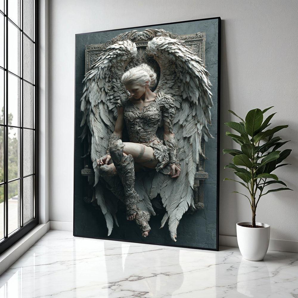 Ethereal Angel Sculpture Canvas, Winged Woman Wall Art, Fantasy Home Decor, Ornate Gothic Design, Detailed Gift Art, Home Decor, Print