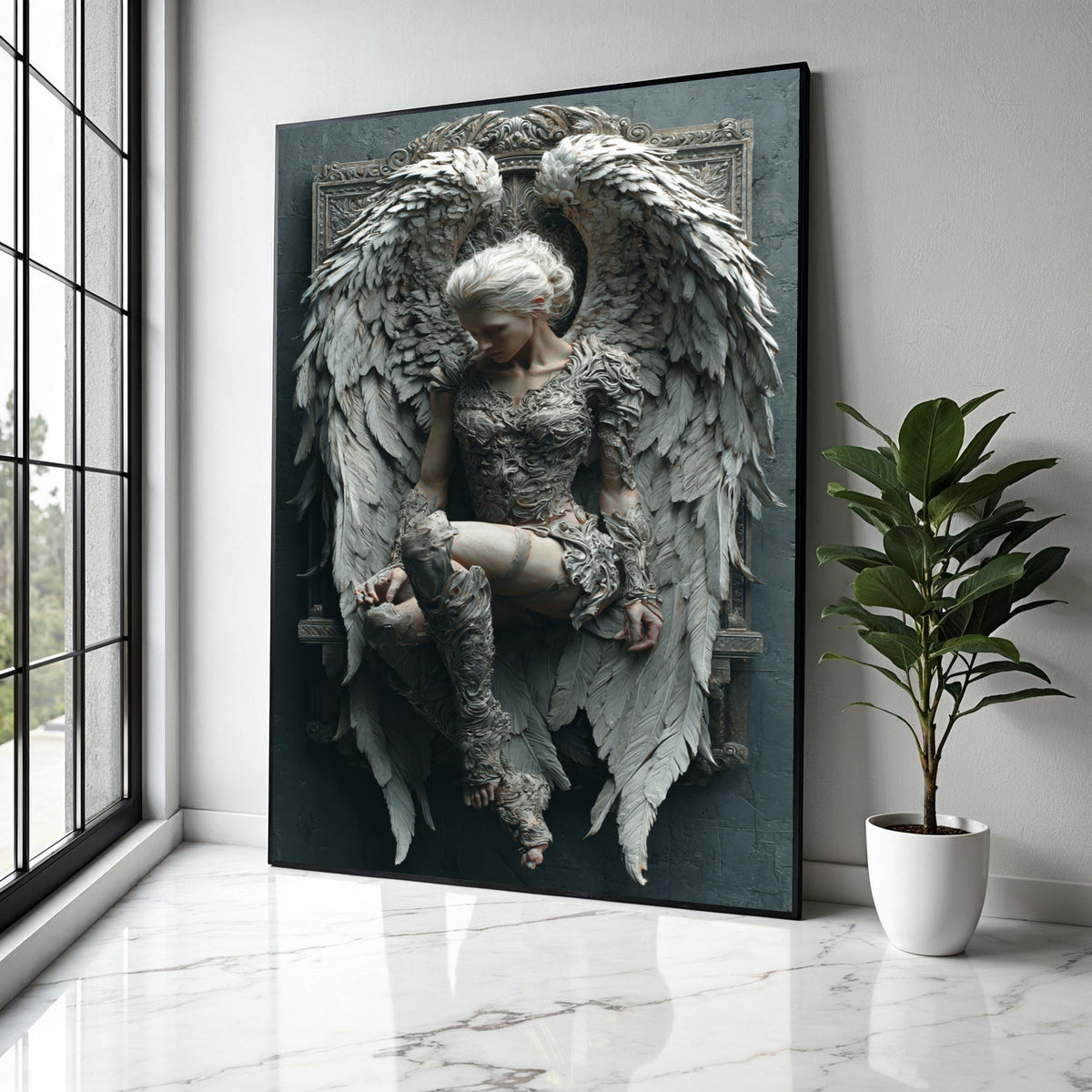 Ethereal Angel Sculpture Canvas, Winged Woman Wall Art, Fantasy Home Decor, Ornate Gothic Design, Detailed Gift Art, Home Decor, Print