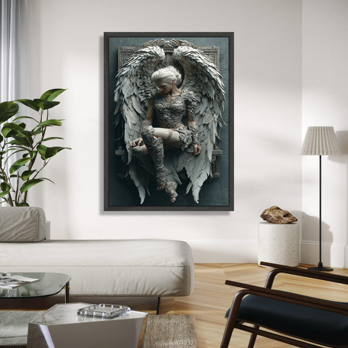 Ethereal Angel Sculpture Canvas, Winged Woman Wall Art, Fantasy Home Decor, Ornate Gothic Design, Detailed Gift Art, Home Decor, Print