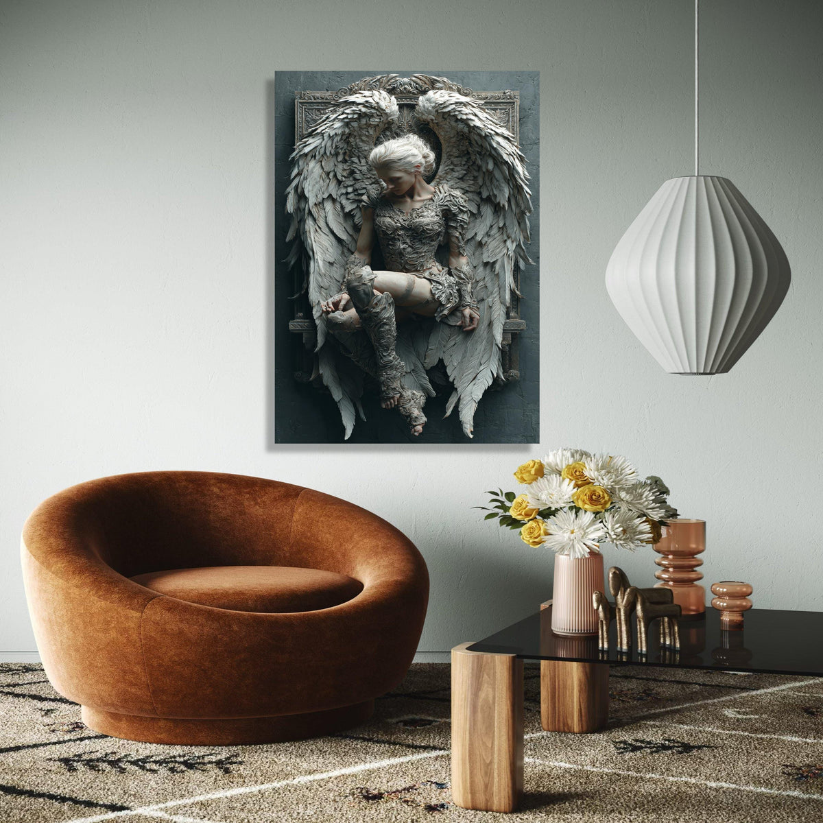 Ethereal Angel Sculpture Canvas, Winged Woman Wall Art, Fantasy Home Decor, Ornate Gothic Design, Detailed Gift Art, Home Decor, Print
