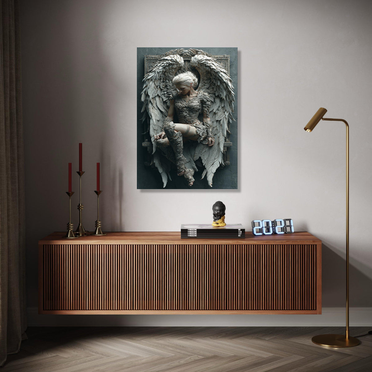 Ethereal Angel Sculpture Canvas, Winged Woman Wall Art, Fantasy Home Decor, Ornate Gothic Design, Detailed Gift Art, Home Decor, Print