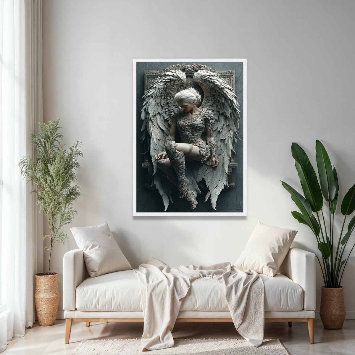 Ethereal Angel Sculpture Canvas, Winged Woman Wall Art, Fantasy Home Decor, Ornate Gothic Design, Detailed Gift Art, Home Decor, Print