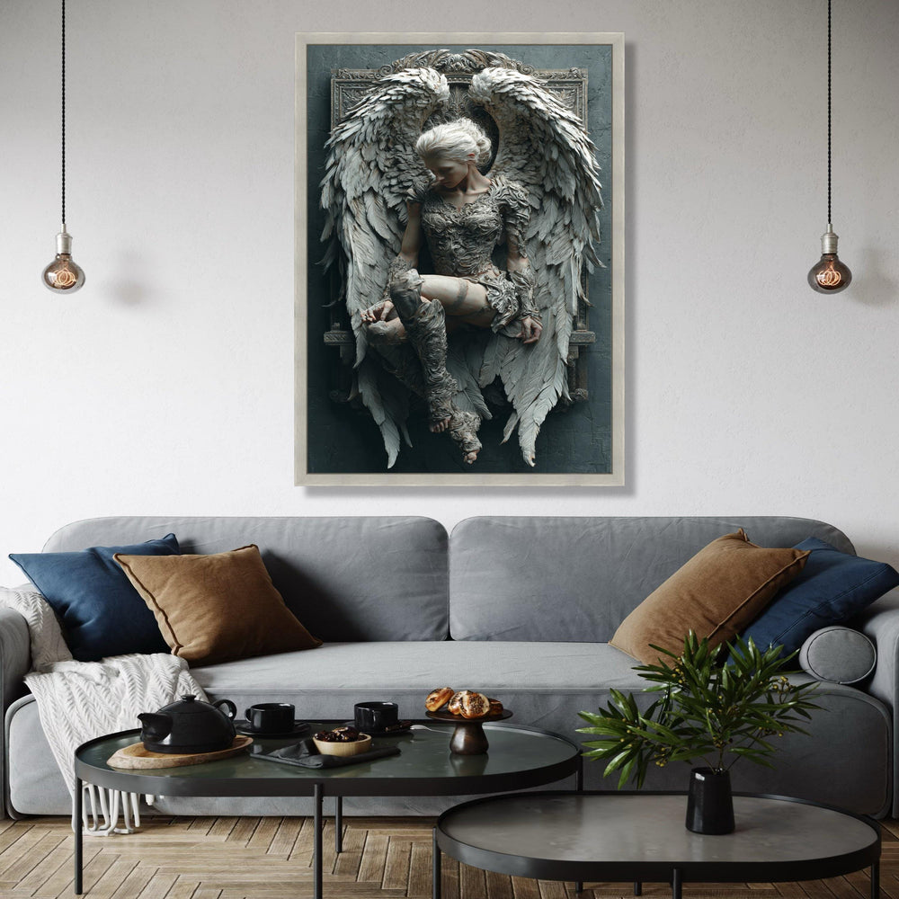 Ethereal Angel Sculpture Canvas, Winged Woman Wall Art, Fantasy Home Decor, Ornate Gothic Design, Detailed Gift Art, Home Decor, Print