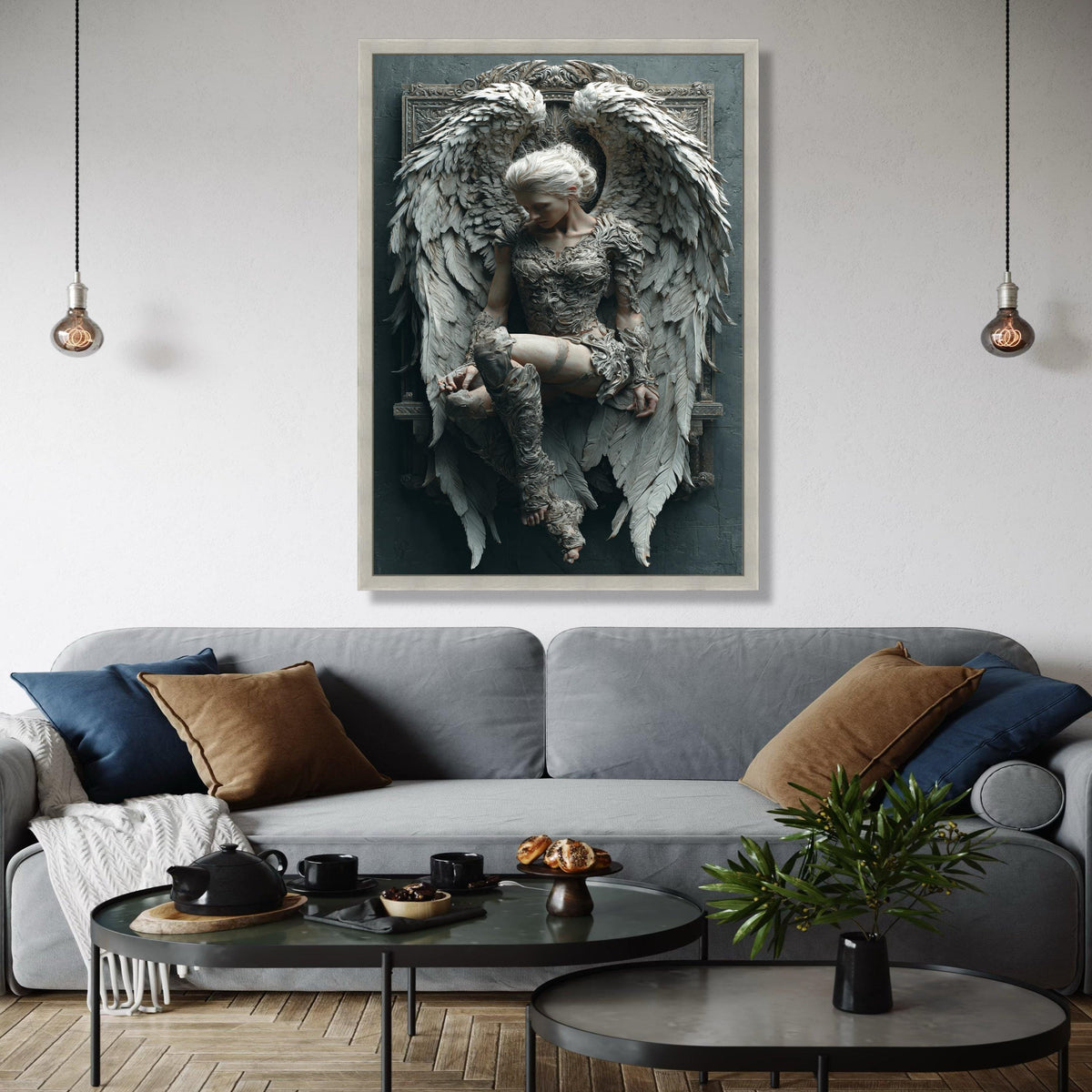 Ethereal Angel Sculpture Canvas, Winged Woman Wall Art, Fantasy Home Decor, Ornate Gothic Design, Detailed Gift Art, Home Decor, Print