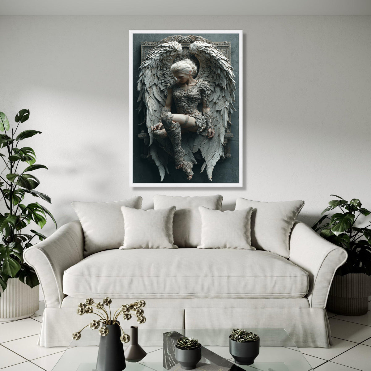 Ethereal Angel Sculpture Canvas, Winged Woman Wall Art, Fantasy Home Decor, Ornate Gothic Design, Detailed Gift Art, Home Decor, Print