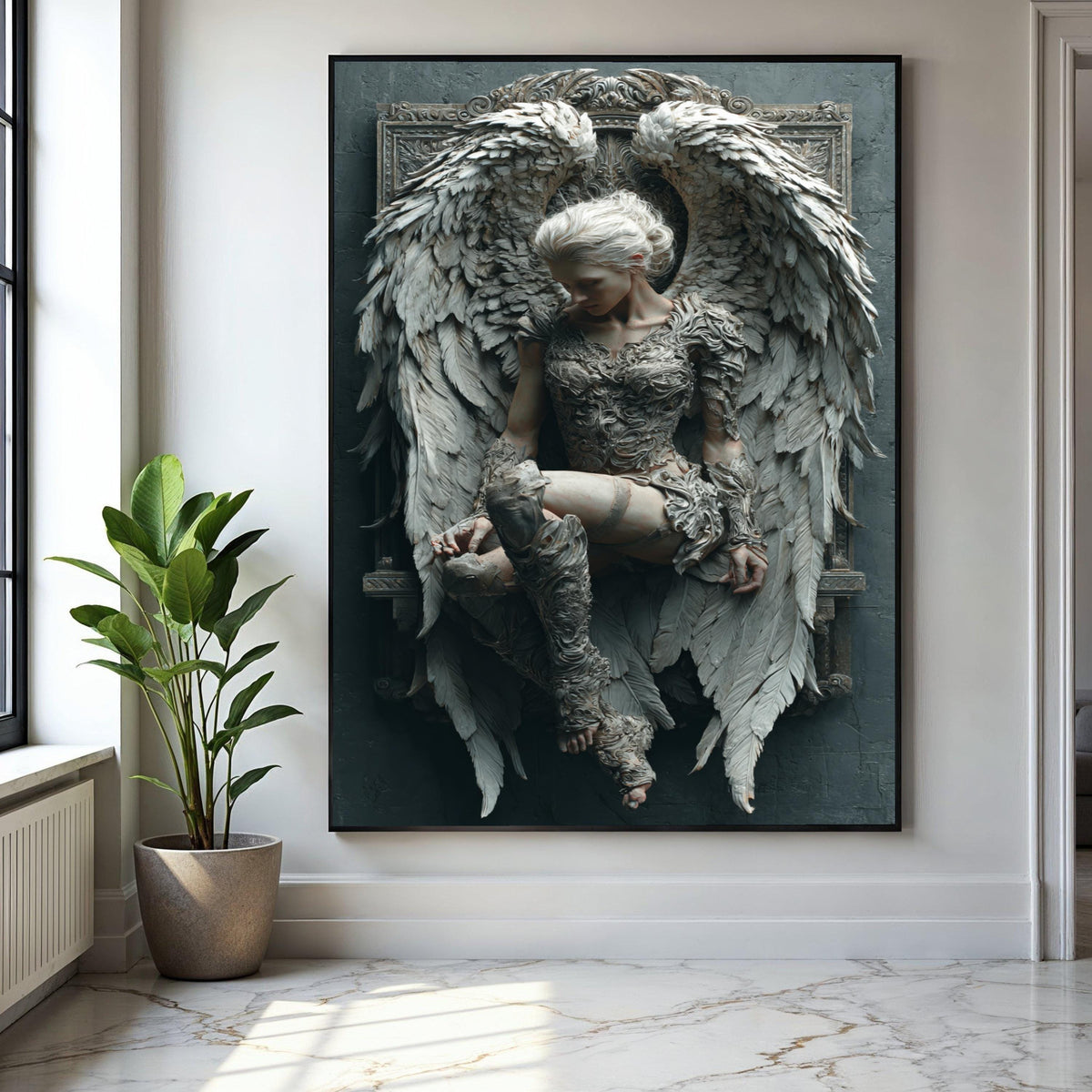 Ethereal Angel Sculpture Canvas, Winged Woman Wall Art, Fantasy Home Decor, Ornate Gothic Design, Detailed Gift Art, Home Decor, Print